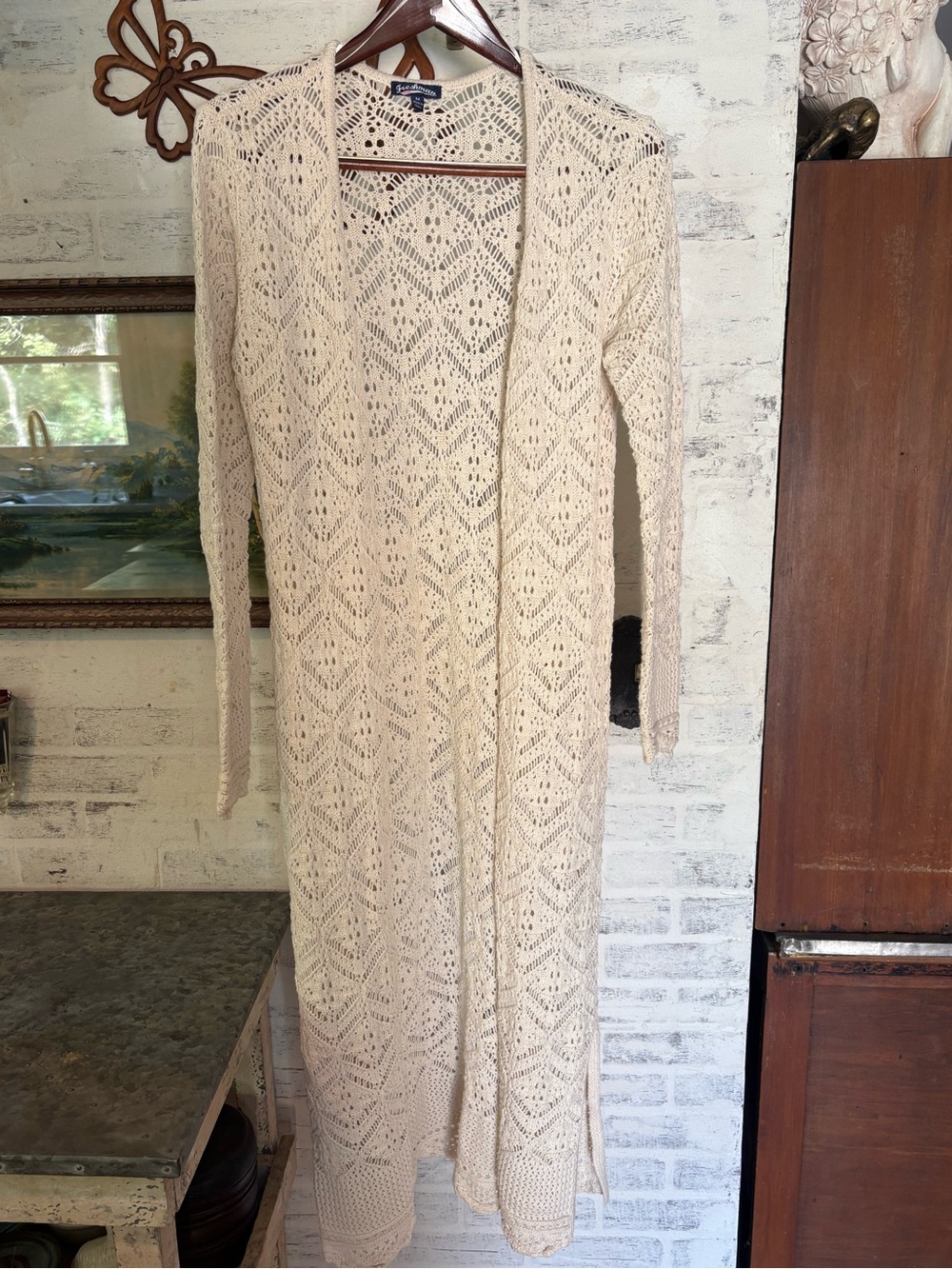 Freshman Crochet Open Longline Cardigan in Cream